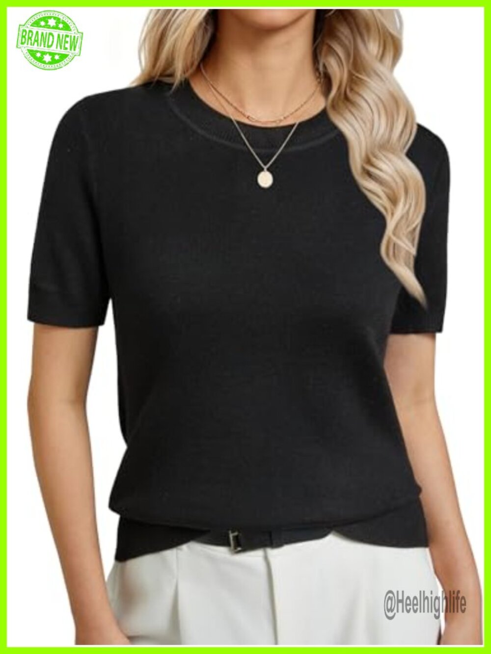 Women's Short Sleeve Wool Blend Sweater Crew Neck Knit Summer Top Business